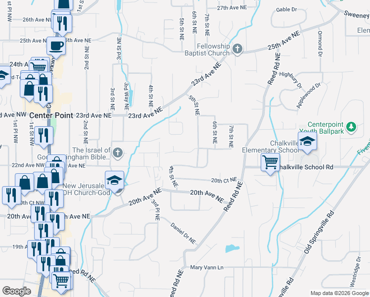 map of restaurants, bars, coffee shops, grocery stores, and more near 436 Woodland Court Northeast in Center Point