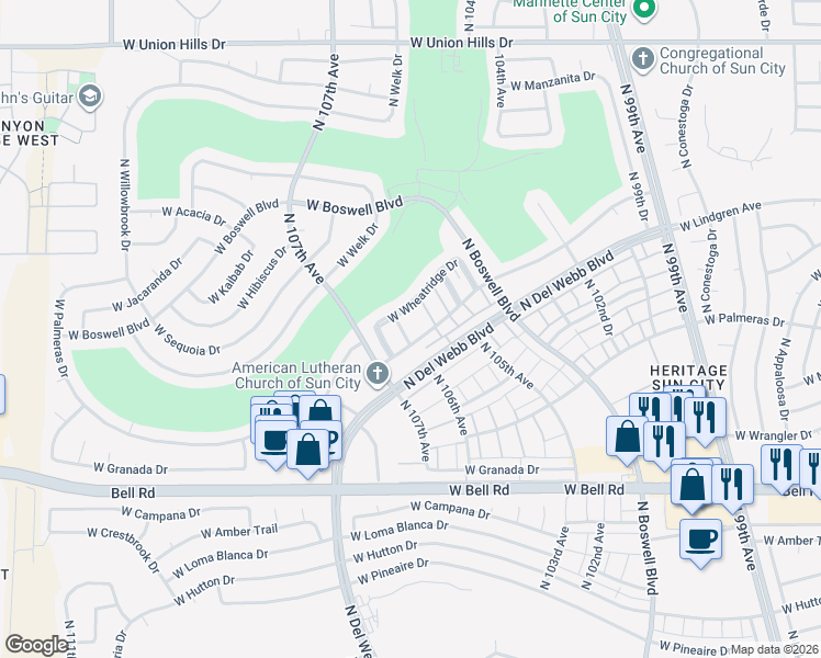 map of restaurants, bars, coffee shops, grocery stores, and more near 17459 North 106th Avenue in Sun City
