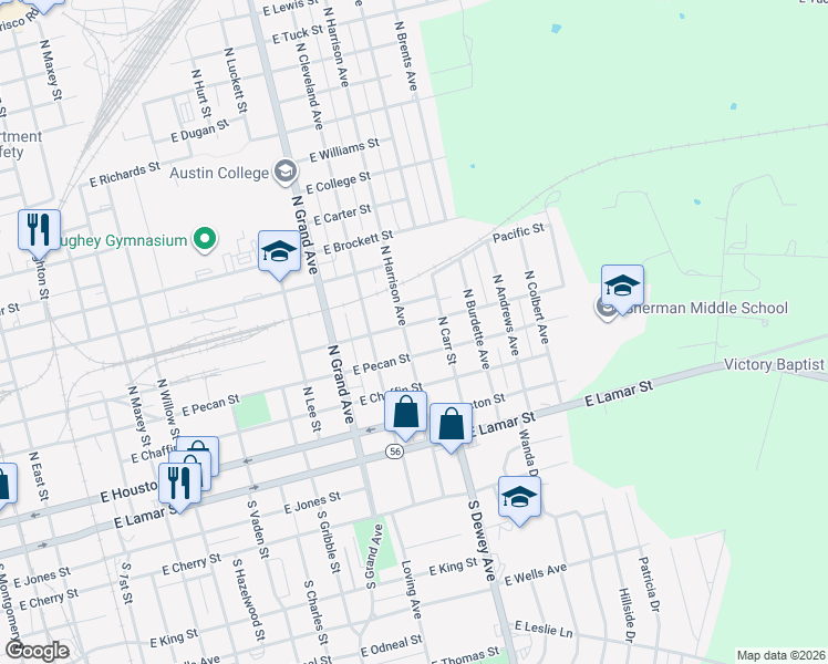map of restaurants, bars, coffee shops, grocery stores, and more near 402 North Harrison Avenue in Sherman