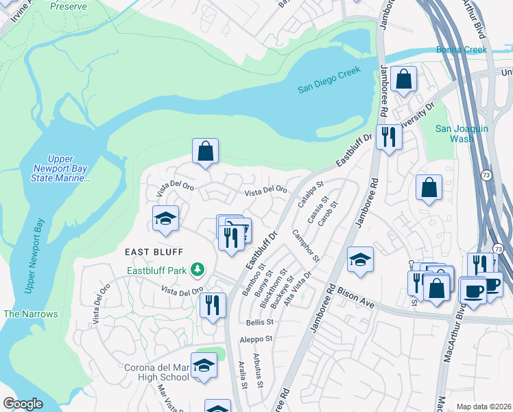 map of restaurants, bars, coffee shops, grocery stores, and more near 2719 Vista Umbrosa in Newport Beach