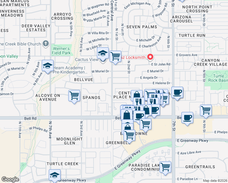 map of restaurants, bars, coffee shops, grocery stores, and more near 17240 North 1st Place in Phoenix