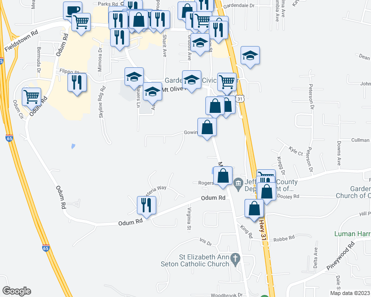 map of restaurants, bars, coffee shops, grocery stores, and more near 4261 Lockshire Lane in Gardendale