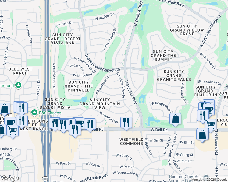 map of restaurants, bars, coffee shops, grocery stores, and more near 16173 West Red Rock Drive in Surprise