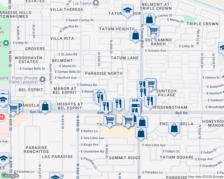 map of restaurants, bars, coffee shops, grocery stores, and more near 17236 North 46th Place in Phoenix