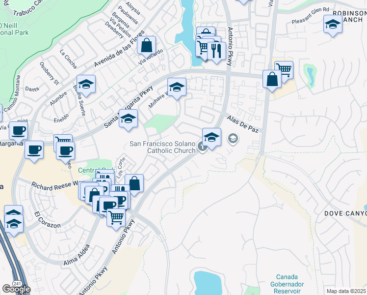 map of restaurants, bars, coffee shops, grocery stores, and more near 15 Calle Albarda in Rancho Santa Margarita