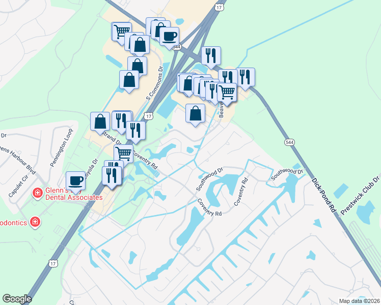 map of restaurants, bars, coffee shops, grocery stores, and more near 363 Mikita Drive in Surfside Beach