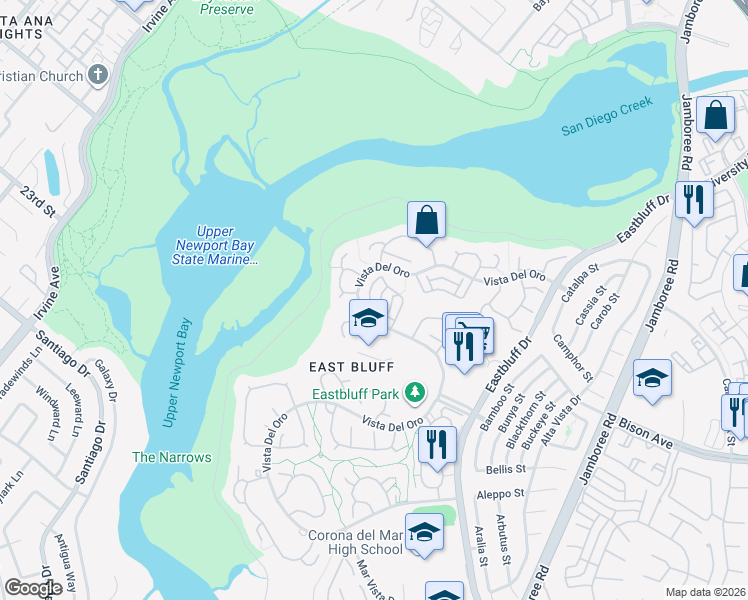 map of restaurants, bars, coffee shops, grocery stores, and more near 404 Vista Roma in Newport Beach