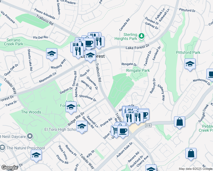 map of restaurants, bars, coffee shops, grocery stores, and more near 25485 Morningstar Road in Lake Forest