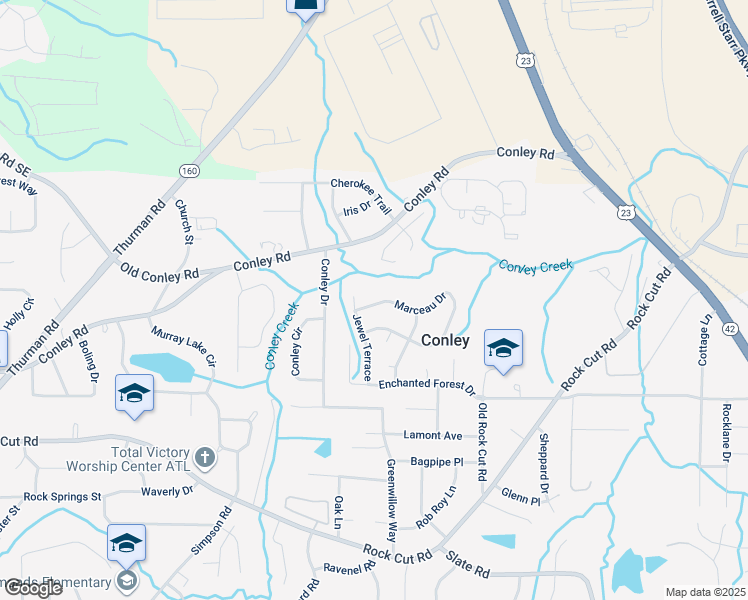 map of restaurants, bars, coffee shops, grocery stores, and more near 1538 Marceau Drive in Conley
