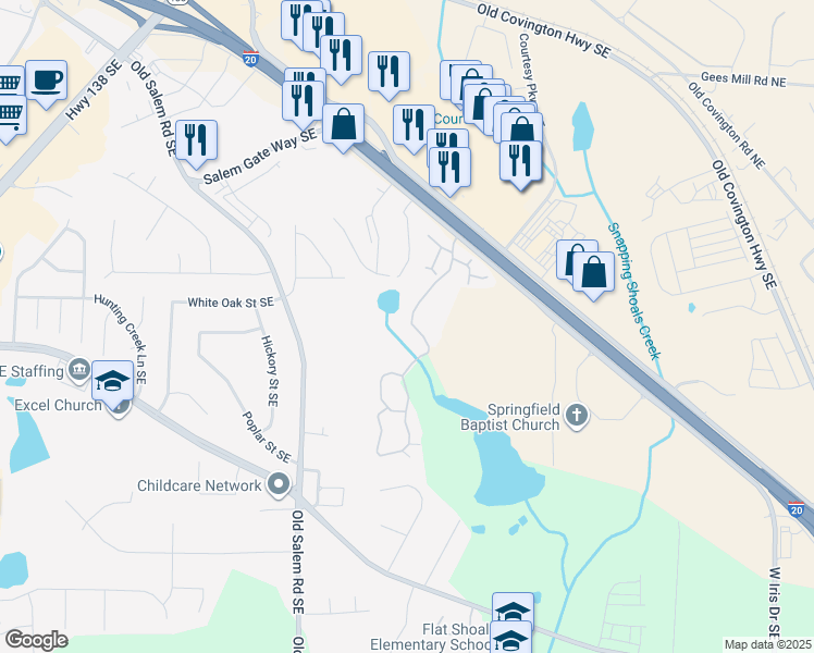 map of restaurants, bars, coffee shops, grocery stores, and more near 2105 Harvest Grove Lane Southeast in Conyers