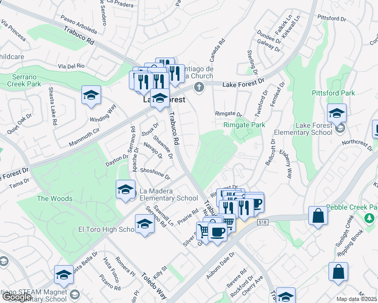 map of restaurants, bars, coffee shops, grocery stores, and more near 25485 Morningstar Road in Lake Forest