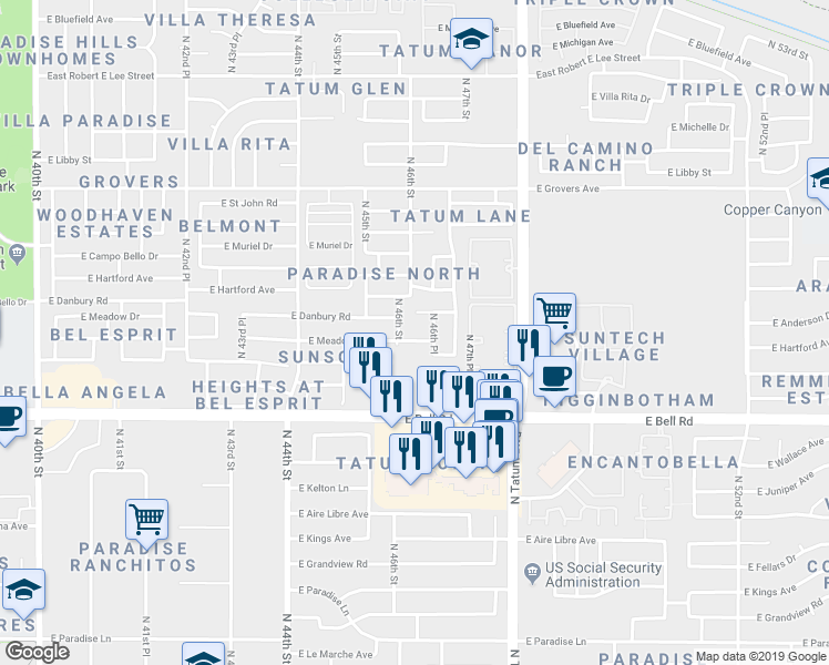 map of restaurants, bars, coffee shops, grocery stores, and more near 17236 North 46th Place in Phoenix