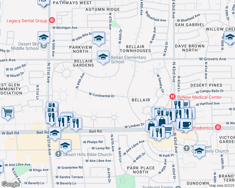 map of restaurants, bars, coffee shops, grocery stores, and more near 4530 West Continental Drive in Glendale