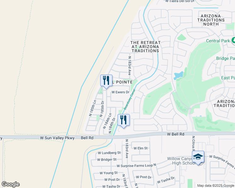 map of restaurants, bars, coffee shops, grocery stores, and more near 18451 West Ewers Drive in Surprise