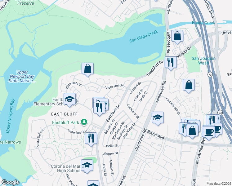 map of restaurants, bars, coffee shops, grocery stores, and more near 2715 Vista Umbrosa in Newport Beach