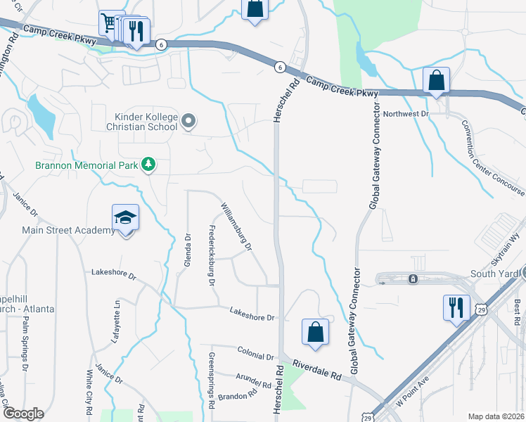 map of restaurants, bars, coffee shops, grocery stores, and more near 4108 Monticello Way in College Park
