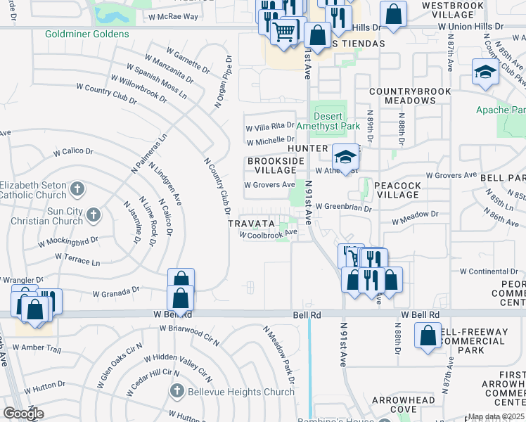 map of restaurants, bars, coffee shops, grocery stores, and more near 9206 West Meadow Drive in Peoria