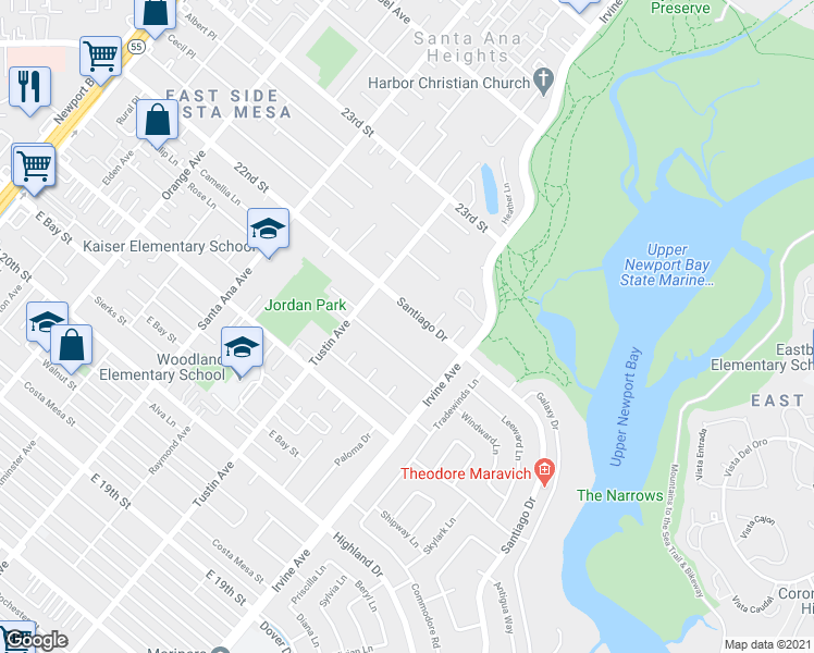 map of restaurants, bars, coffee shops, grocery stores, and more near 2401 Santiago Drive in Newport Beach