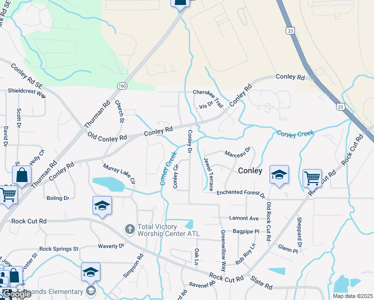 map of restaurants, bars, coffee shops, grocery stores, and more near 4079 Conley Drive in Conley