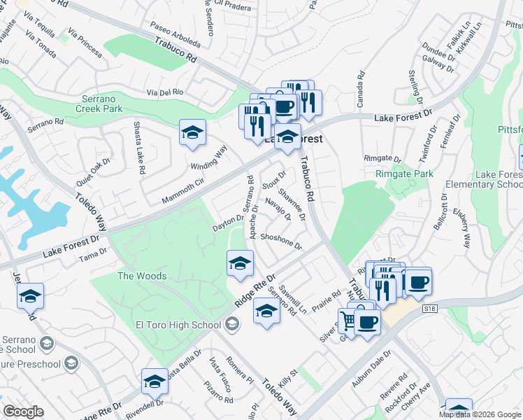 map of restaurants, bars, coffee shops, grocery stores, and more near 21968 Apache Drive in Lake Forest