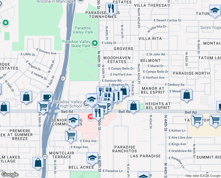 map of restaurants, bars, coffee shops, grocery stores, and more near 4044 East Coolbrook Avenue in Phoenix