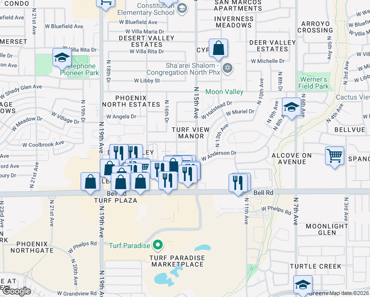 map of restaurants, bars, coffee shops, grocery stores, and more near 1522 West Hartford Avenue in Phoenix