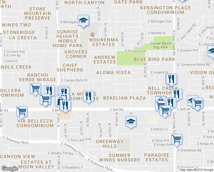 map of restaurants, bars, coffee shops, grocery stores, and more near 1928 East Anderson Drive in Phoenix