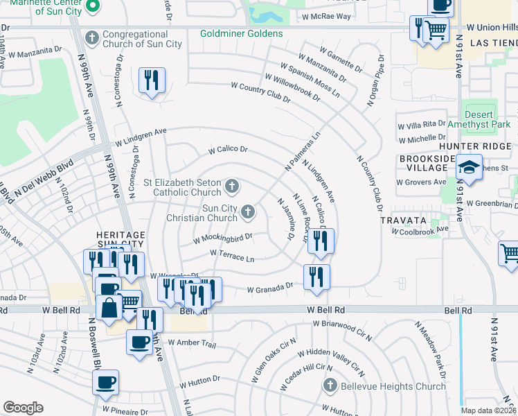 map of restaurants, bars, coffee shops, grocery stores, and more near 17626 North Hitching Post Drive in Sun City