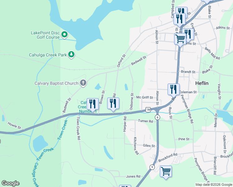map of restaurants, bars, coffee shops, grocery stores, and more near 160 Hillcrest Road in Heflin