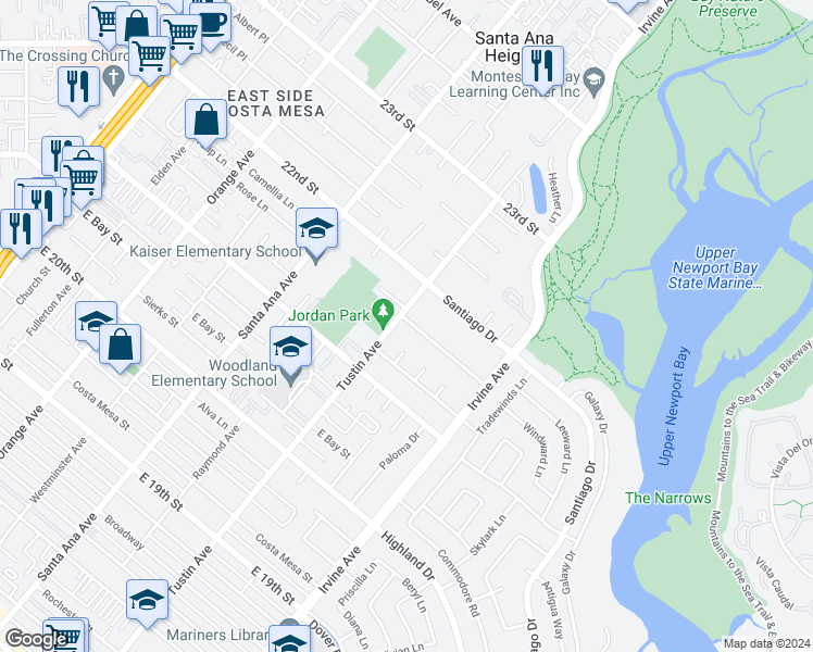 map of restaurants, bars, coffee shops, grocery stores, and more near 2443 Windward Lane in Newport Beach