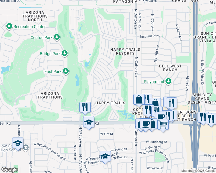 map of restaurants, bars, coffee shops, grocery stores, and more near 17200 West Bell Road in Surprise