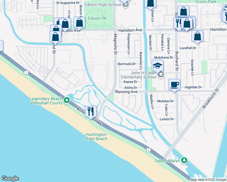 map of restaurants, bars, coffee shops, grocery stores, and more near Magnolia St & Banning Ave in Huntington Beach