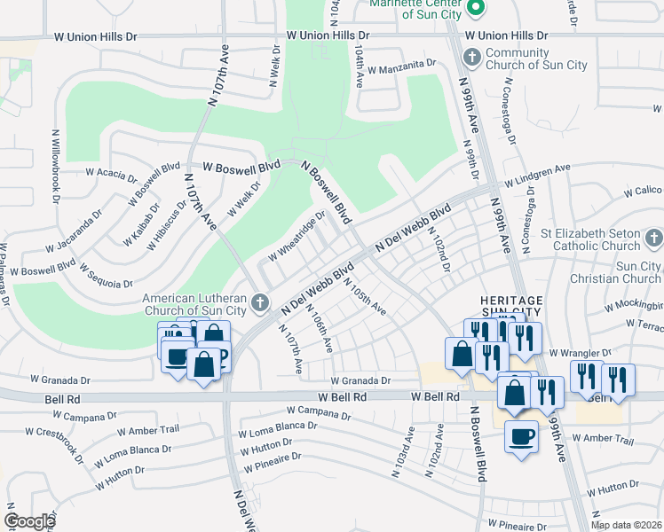 map of restaurants, bars, coffee shops, grocery stores, and more near 17476 North Del Webb Boulevard in Sun City