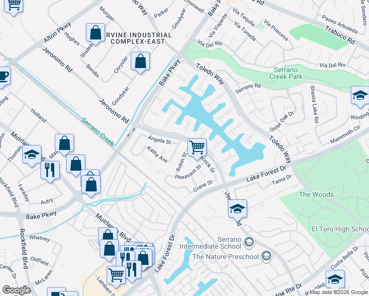 map of restaurants, bars, coffee shops, grocery stores, and more near 24321 Peacock Street in Lake Forest