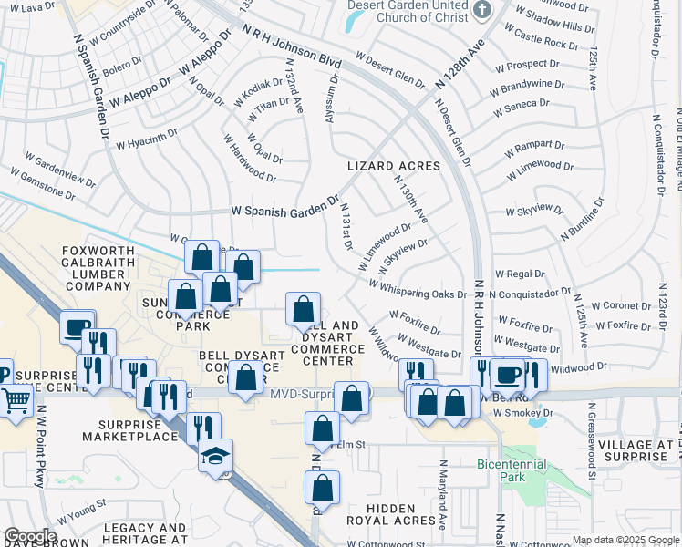 map of restaurants, bars, coffee shops, grocery stores, and more near 17602 West Whispering Oaks Drive in Sun City West