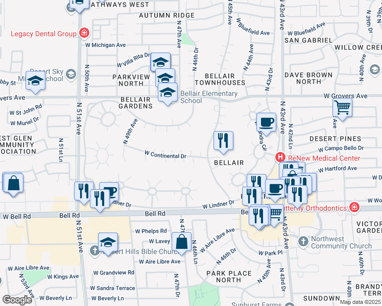 map of restaurants, bars, coffee shops, grocery stores, and more near 4530 West Continental Drive in Glendale