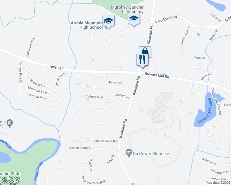 map of restaurants, bars, coffee shops, grocery stores, and more near 6373 Leverett Drive in Lithonia