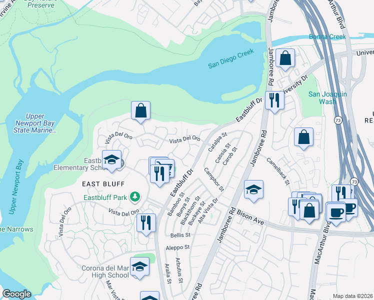 map of restaurants, bars, coffee shops, grocery stores, and more near 2715 Vista Umbrosa in Newport Beach
