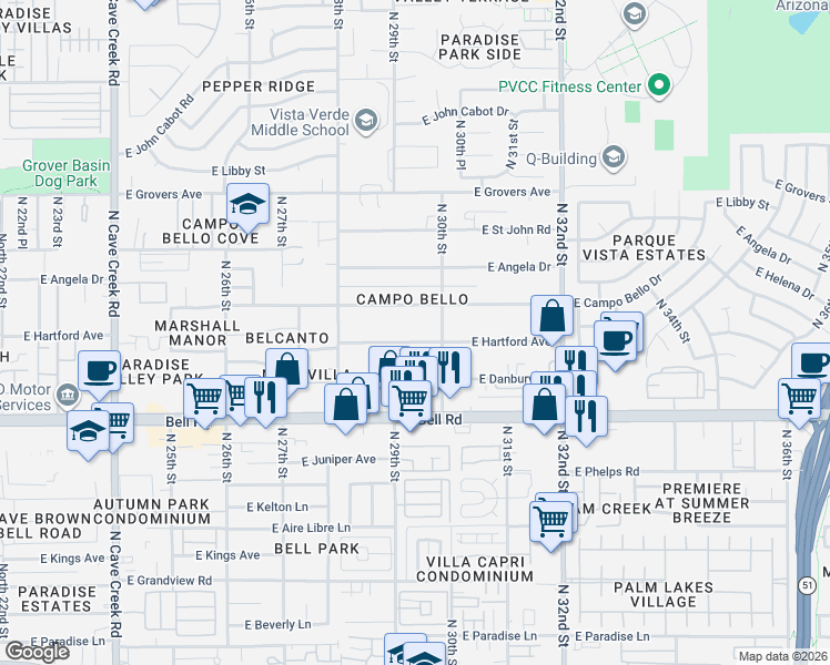 map of restaurants, bars, coffee shops, grocery stores, and more near 17236 North 30th Street in Phoenix