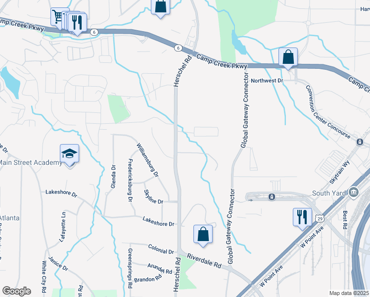 map of restaurants, bars, coffee shops, grocery stores, and more near 4116 Herschel Road in College Park
