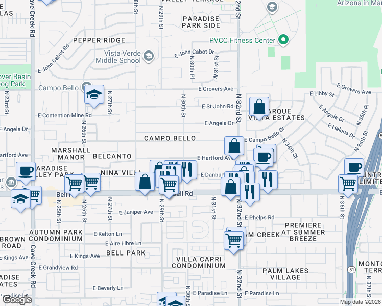 map of restaurants, bars, coffee shops, grocery stores, and more near 3020 East Hartford Avenue in Phoenix