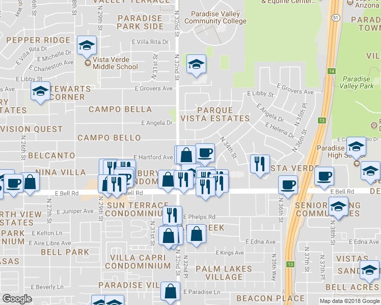 map of restaurants, bars, coffee shops, grocery stores, and more near 3213 East Monica Avenue in Phoenix
