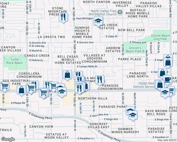 map of restaurants, bars, coffee shops, grocery stores, and more near 17309 North 17th Street in Phoenix