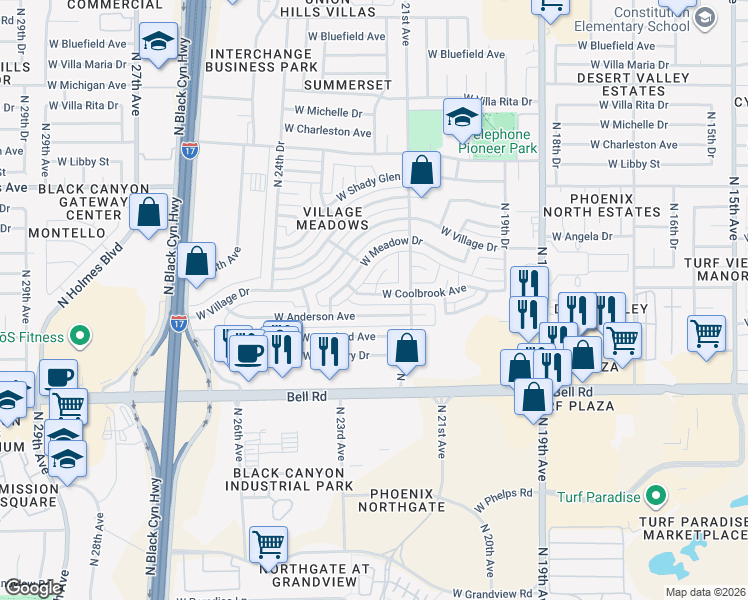 map of restaurants, bars, coffee shops, grocery stores, and more near 2135 West Coolbrook Avenue in Phoenix