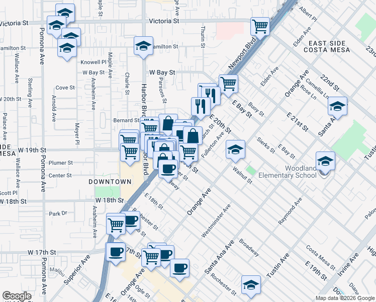 map of restaurants, bars, coffee shops, grocery stores, and more near 1917 Church Street in Costa Mesa