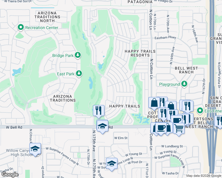 map of restaurants, bars, coffee shops, grocery stores, and more near 17200 West Bell Road in Surprise