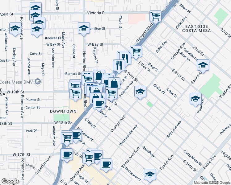 map of restaurants, bars, coffee shops, grocery stores, and more near 1924 Church Street in Costa Mesa