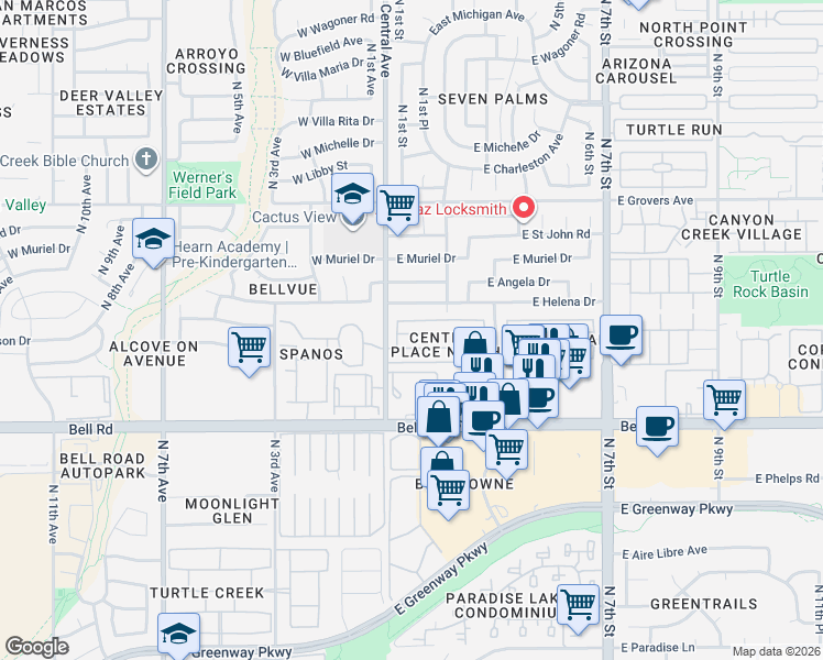 map of restaurants, bars, coffee shops, grocery stores, and more near 129 East Campo Bello Drive in Phoenix
