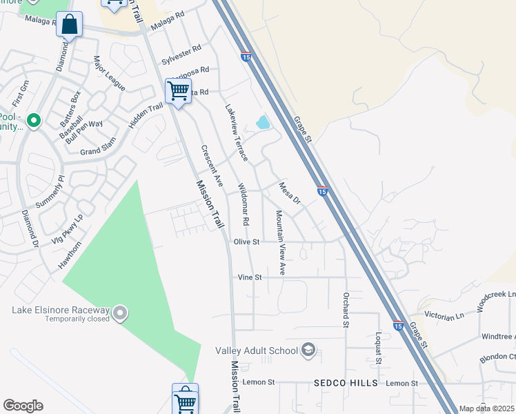 map of restaurants, bars, coffee shops, grocery stores, and more near 32857 Valley View Avenue in Lake Elsinore