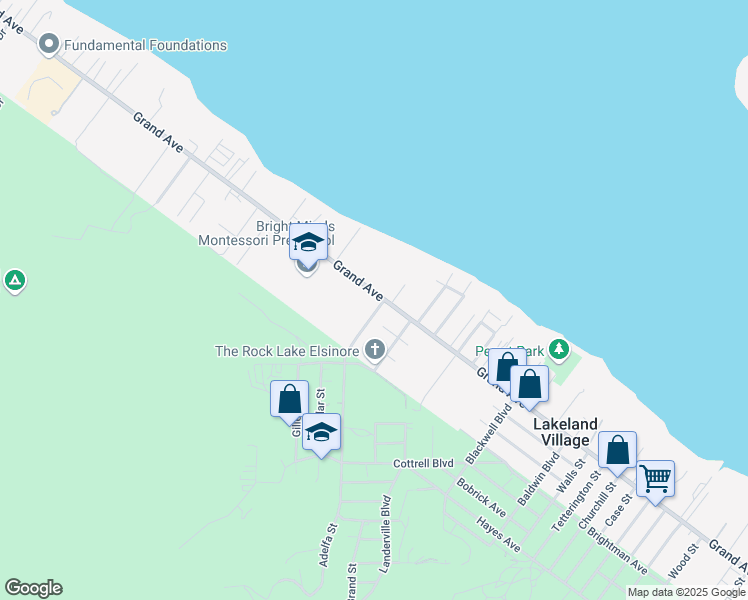 map of restaurants, bars, coffee shops, grocery stores, and more near Grand Avenue in Lake Elsinore